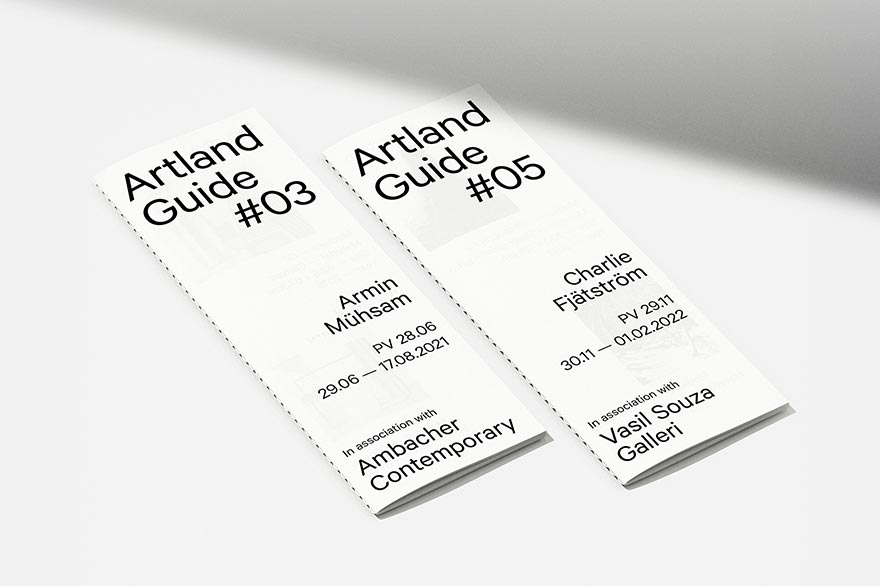 Minimal print design featuring typographic, single colour guides handed out at partner galleries