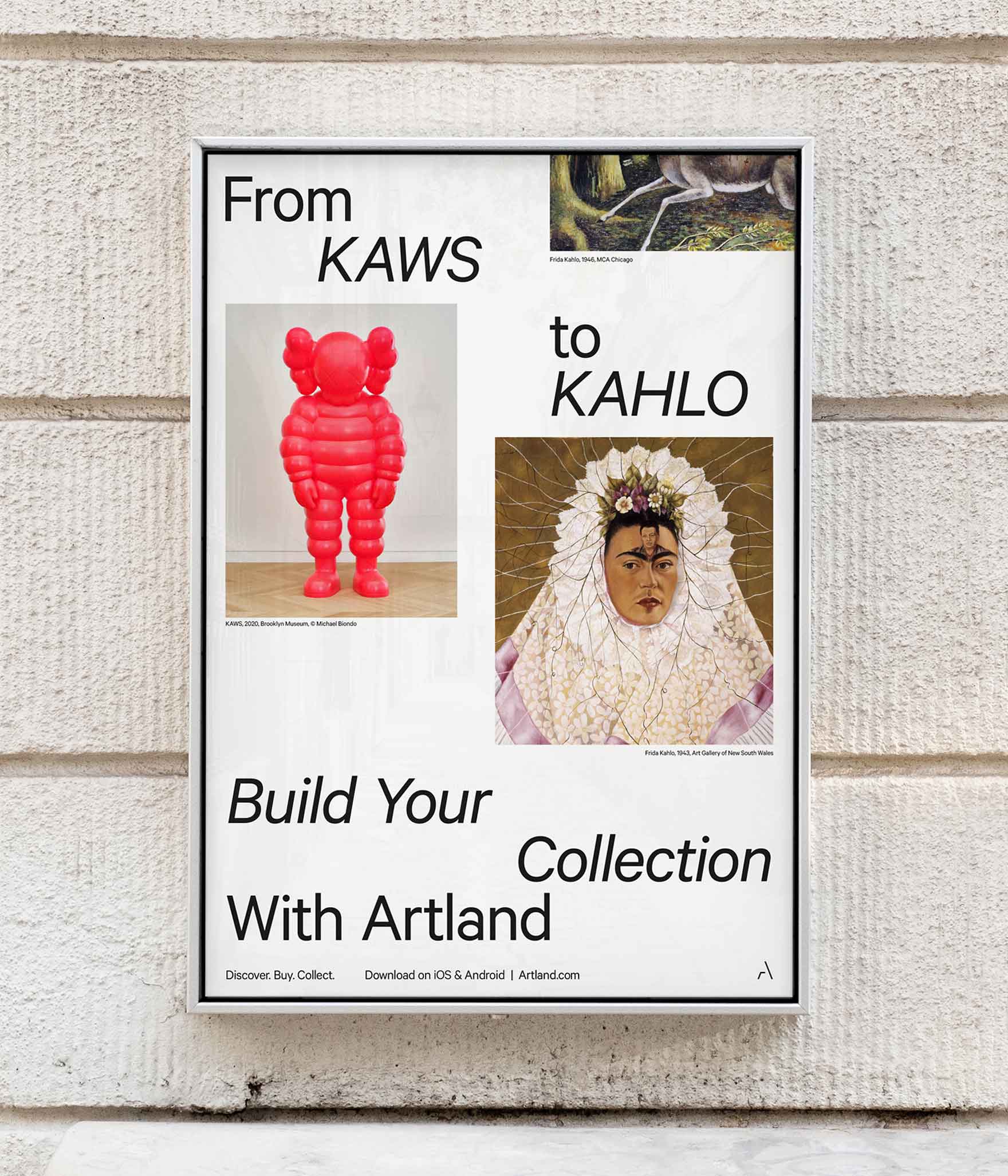 An Artland campaign poster showcasing the identity design for the brand, featuring images of works by KAWS and Frida Kahlo