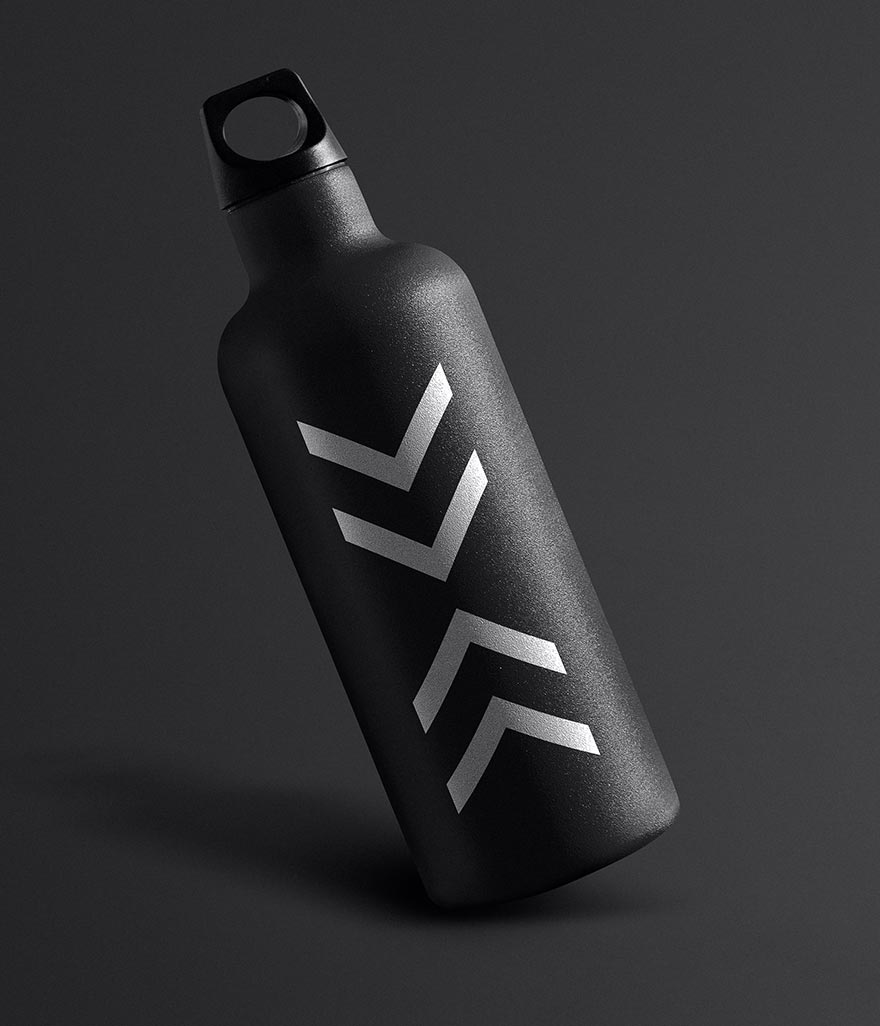 Delphlyx identity design applied to a metal sports bottle