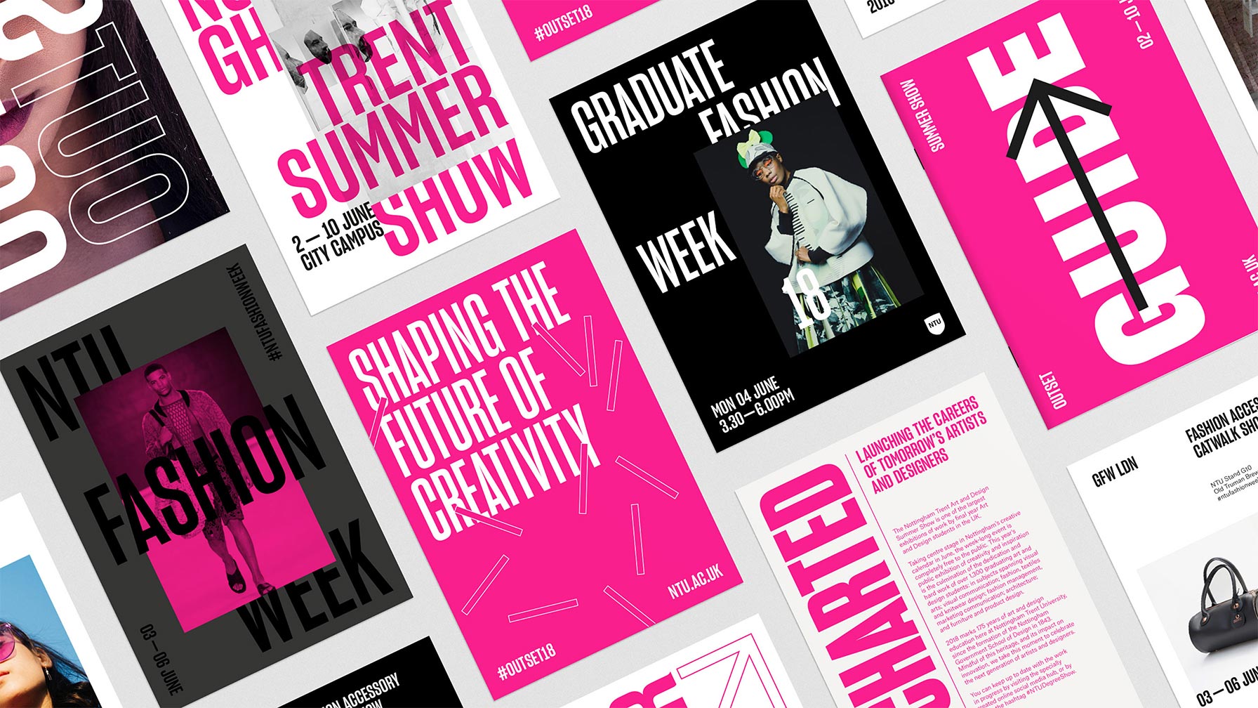 Outset degree show graphic design flyers shown in grid formation