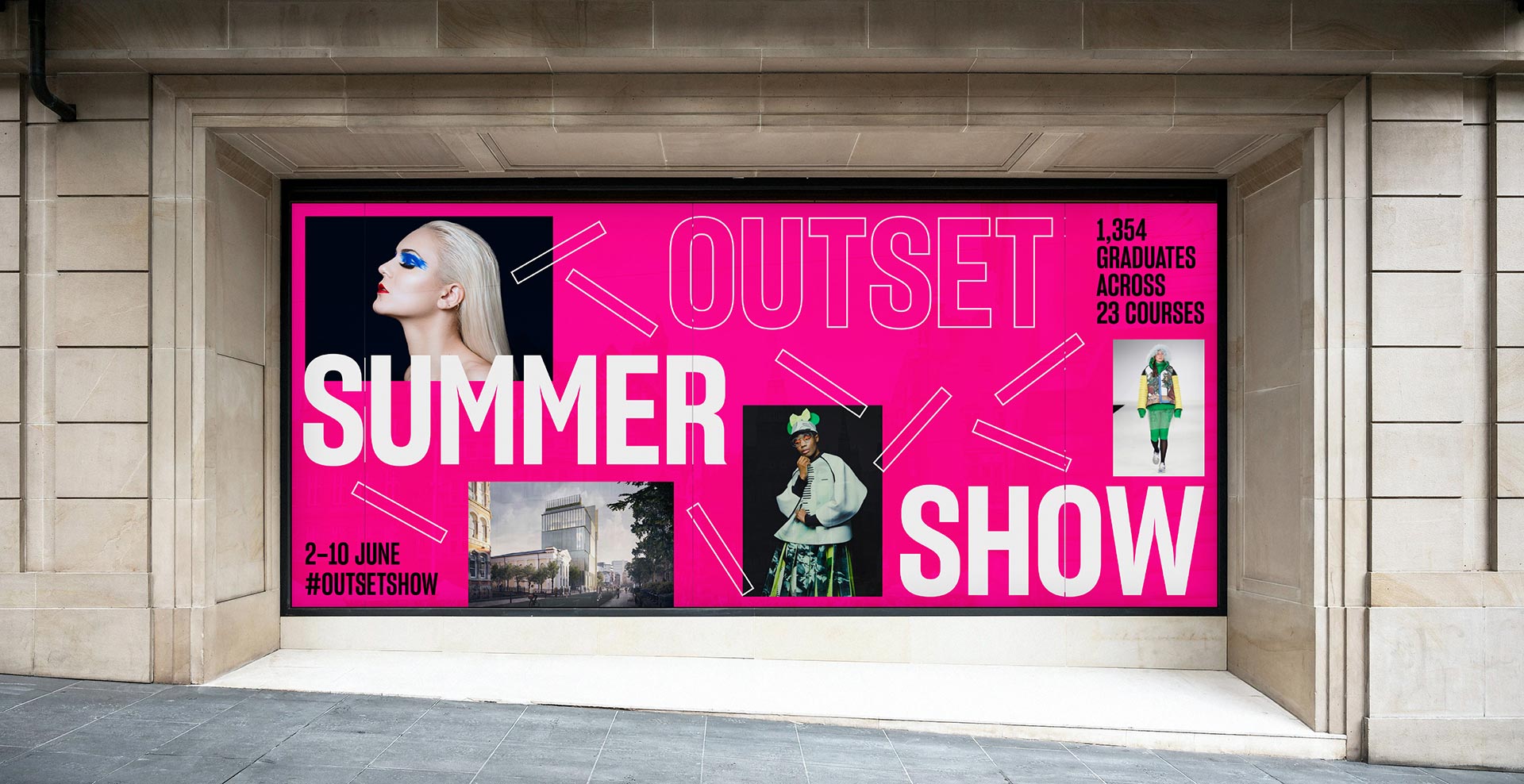 univerity degree show design, featuring an on campus window banner